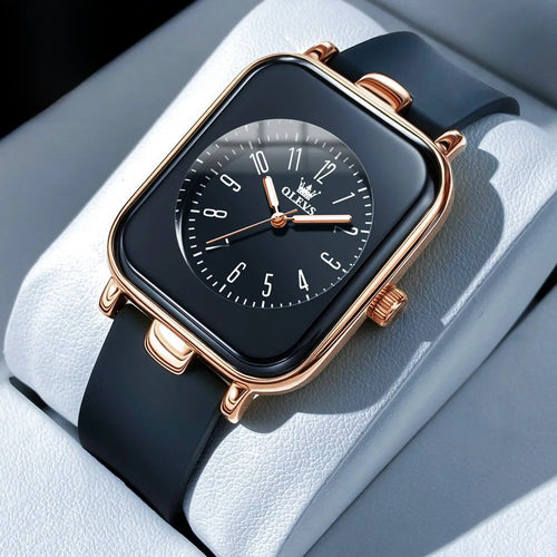 Women's Rectangular Gold Tone Quartz Watch Silicone Strap