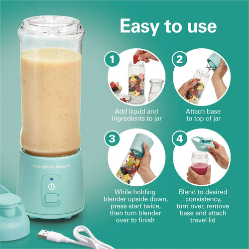 Hamilton Beach Blend Now Portable Cordless Blender USB rechargeable 16 oz jar with travel lid aqua 51182 EasyOptionXY LLC