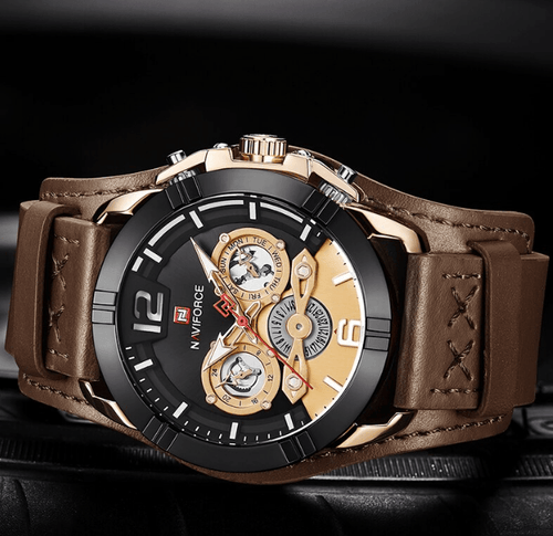 Men's Leather Waterproof Watch With Chronometers And Fluorescent Hands Excellent Design Perfect Gift