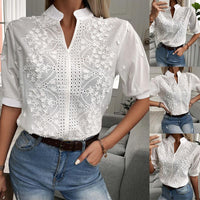 French Lace Embroidered Top - Stylish Stand Up Collar Top for Trendy Women