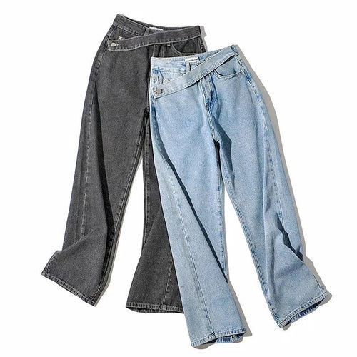 Retro Oblique Belted High Waist Straight Wide Leg Jeans for Cowgirls