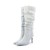 White Denim High Heel Tall Boots