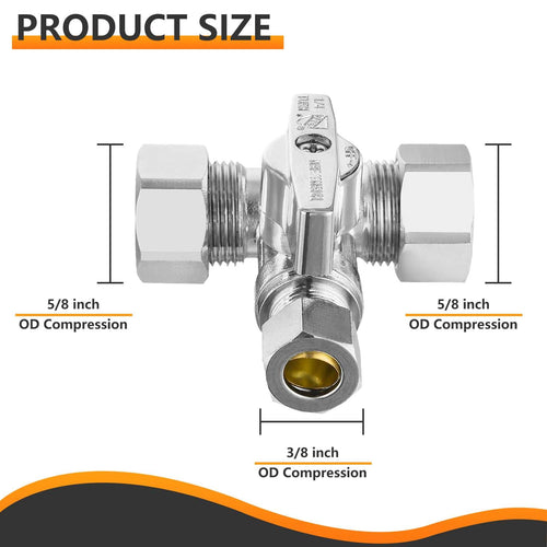 5/8" OD Compr. x 5/8" OD Compr. x 3/8" OD Compr. Tee Stop Valve, 1/4 Turn (Lead Free)