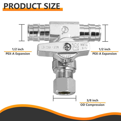 10 Pcs 1/2" PEX Expansion x 1/2" PEX Expansion x 3/8" OD Compr. Tee Stop Valve, 1/4 Turn (Lead Free) Plumbingsell