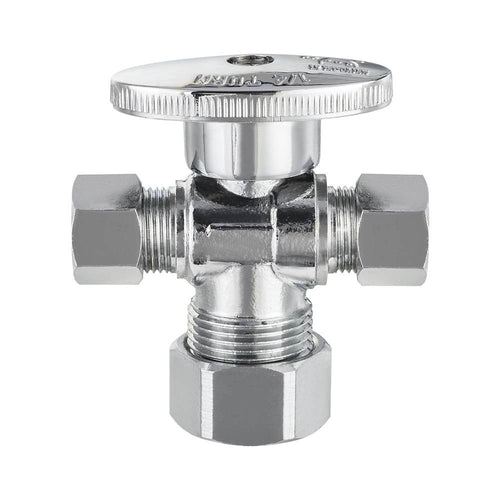 5/8" OD Compr. x 3/8" OD Compr. x 3/8" OD Compr. Dual Outlet Angle Stop Valve, 1/4 Turn (Lead Free) Plumbingsell
