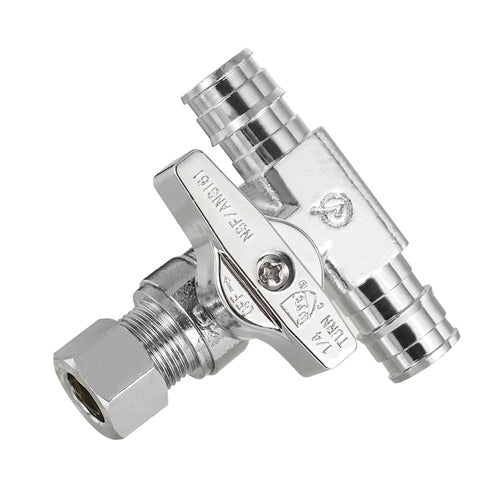 1/2" PEX Expansion x 1/2" PEX Expansion x 3/8" OD Compr. Tee Stop Valve, 1/4 Turn (Lead Free) Plumbingsell