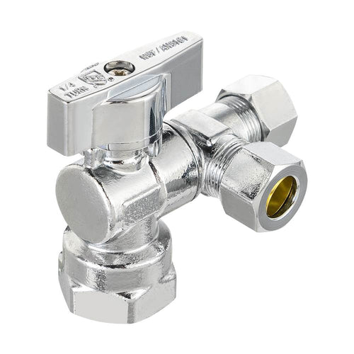1/2" NOM (5/8" OD) Inlet x 3/8" OD Outlet x 3/8" OD Outlet Split Angle Stop Valve, 1/4 Turn (Lead Free)