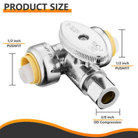 1/2" Push Connect x 1/2" Push Connect x 3/8" OD Compr. Tee Stop Valve, 1/4 Turn (Lead Free)