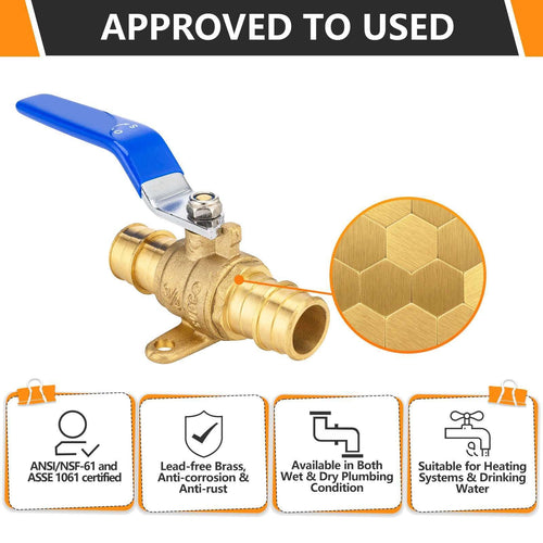 10 Pcs 3/4" PEX Expansion Drop Ear Ball Valve, Blue (Lead Free)