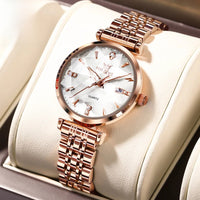 Women's Rose Gold Stainless Steel Watch Blue Dial Zircon