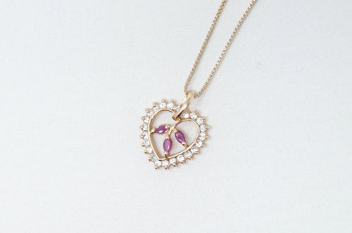 Vtg Ruby Simulated Heart Accented Rose Gold Vermeil Sterling Silver Necklace 18"