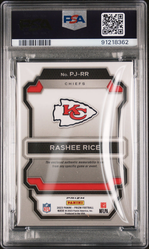 Graded 2023 Panini Prizm Rashee Rice #PJRR Premier Jersey Purple Pulsar Rookie RC Football Card PSA 10 Gem Mint