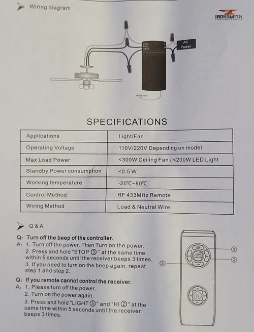 3-in-1 Remote Control for Ceiling Fan