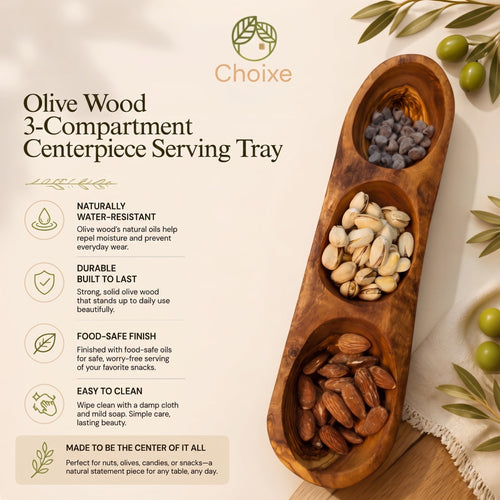 Olive Wood 3-Compartment Centerpiece Serving Tray
