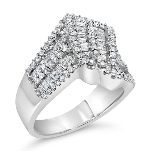 14K White Gold 1-1/2 Cttw Round and Baguette Diamond Bypass Cocktail Ring Band (H-I Color, SI1-SI2 Clarity) - Size 7