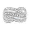 .925 Sterling Silver 1.0 Cttw Channel Set Alternating Round and Baguette Diamond Cross-over Bypass Ring Band (I-J Color, I2-I3 Clarity) - Size 7