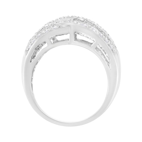 .925 Sterling Silver 1.0 Cttw Channel Set Alternating Round and Baguette Diamond Cross-over Bypass Ring Band (I-J Color, I2-I3 Clarity) - Size 7