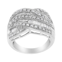 .925 Sterling Silver 1.0 Cttw Channel Set Alternating Round and Baguette Diamond Cross-over Bypass Ring Band (I-J Color, I2-I3 Clarity) - Size 7