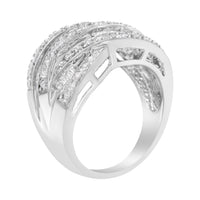 .925 Sterling Silver 1.0 Cttw Channel Set Alternating Round and Baguette Diamond Cross-over Bypass Ring Band (I-J Color, I2-I3 Clarity) - Size 7