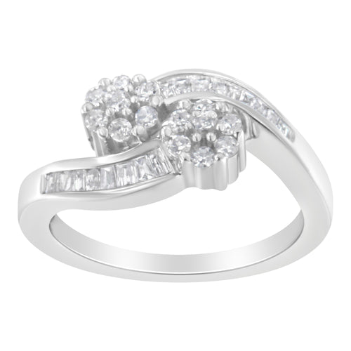14K White Gold Round and Baguette Diamond Bypass Ring (1/2 cttw, H-I Color, I1-I2 Clarity) - Ring Size 6