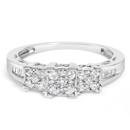 10K White Gold 1/2 Cttw Brilliant & Baguette Cut Diamond 3 Stone Design with 3 Square Clusters Engagement Ring (H-I Color, SI2-I1 Clarity) - Size 6-3/4