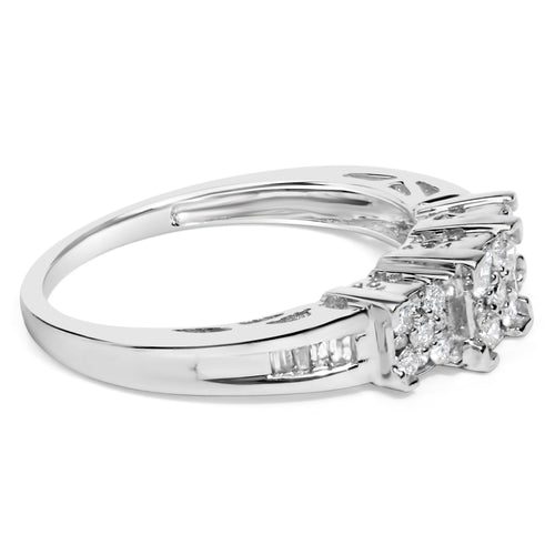 10K White Gold 1/2 Cttw Brilliant & Baguette Cut Diamond 3 Stone Design with 3 Square Clusters Engagement Ring (H-I Color, SI2-I1 Clarity) - Size 6-3/4