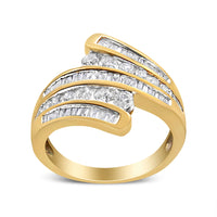 10K Yellow Gold 1 Cttw Round and Baguette-Cut Diamond Multi Row Bypass Ring Band (H-I Color, I1-I2 Clarity) - Ring Size 7