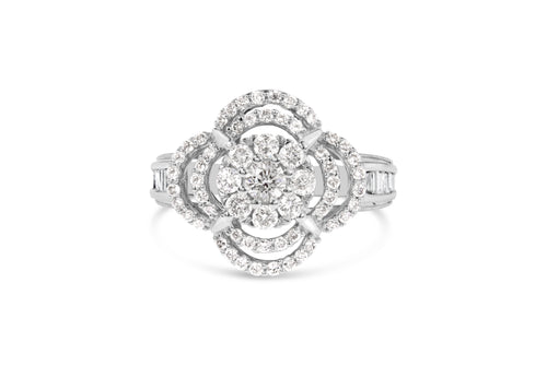 14K White Gold 1.0 Cttw Round & Baguette Cut Diamond Floral Cluster Quatrefoil Channel Set Band Cocktail Statement Ring (H-I Color, SI2-I1 Clarity) - Size 6-3/4