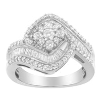 14K White Gold 1 Cttw Baguette and Round Diamond Floral Swirl Cluster Cocktail Ring