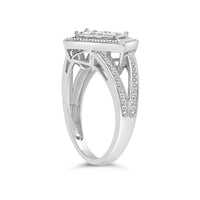 .925 Sterling Silver 1/3 Cttw Invisible Set Princess-Cut Diamond Rhombus and Beaded Halo Ring (H-I Color, SI1-SI2 Clarity) - Ring Size 7