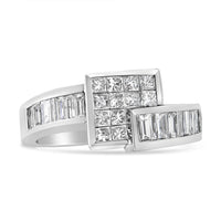 14K White Gold 1 1/2 Cttw Invisible-Set Princess and Channel-Set Baguette Diamond Geometric Bypass Ring Band (G-H Color, SI2-I1 Clarity) - Ring Size 7