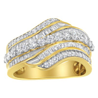 10K Yellow Gold 1.0 Cttw Baguette and Round Diamond Multi-Row Wave Bypass Ring (I-J Color, I1-I2 Clarity) - Ring Size 7