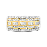 10K White and Yellow Gold 1.00 Cttw Baguette and Round cut Diamond Art Deco Multi-Row Ring Band (I-J Color, I1-I2 Clarity) - Ring Size 7