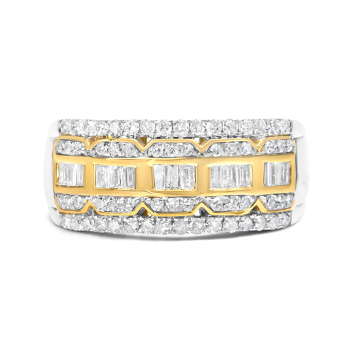 10K White and Yellow Gold 1.00 Cttw Baguette and Round cut Diamond Art Deco Multi-Row Ring Band (I-J Color, I1-I2 Clarity) - Ring Size 7