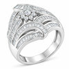 .925 Sterling Silver 1-1/8 Cttw Round & Baguette Diamond 'Flower & Fern' Cluster Cocktail Fashion Ring (I-J Color, I2-I3 Clarity) - Size 6