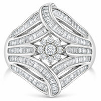 .925 Sterling Silver 1-1/8 Cttw Round & Baguette Diamond 'Flower & Fern' Cluster Cocktail Fashion Ring (I-J Color, I2-I3 Clarity) - Size 6