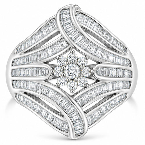 .925 Sterling Silver 1-1/8 Cttw Round & Baguette Diamond 'Flower & Fern' Cluster Cocktail Fashion Ring (I-J Color, I2-I3 Clarity) - Size 6