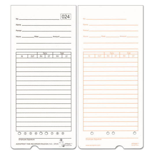 Acroprint® Time Card for ATR480 Totalizing Electronic Time Clock