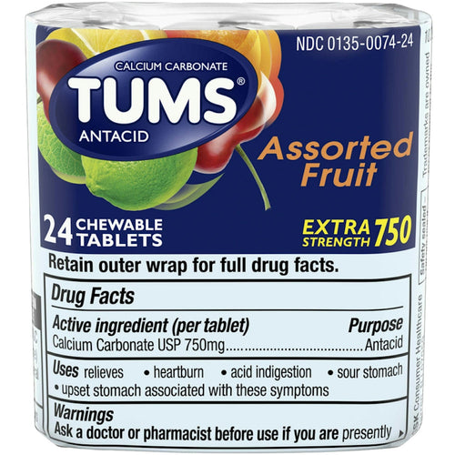 Tums Extra Strength Heartburn Relief Chewable Antacid Tablets, Fruit, 8 Count