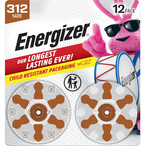 Energizer Size 312 Hearing Aid Batteries, 1.45V Zinc Air, Long-Lasting Brown Tab, 8 Count