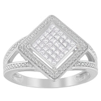 .925 Sterling Silver 1/3 Cttw Invisible Set Princess-Cut Diamond Rhombus and Beaded Halo Ring (H-I Color, SI1-SI2 Clarity) - Ring Size 7