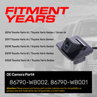 Toyota Yaris iA (2016-2020), Yaris Sedan (2016-2020) / Scion iA (2016) OEM Replacement Backup Camera OE Part # 86790-WB001, 86790-WB002