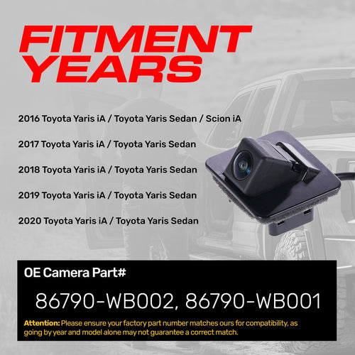 Toyota Yaris iA (2016-2020), Yaris Sedan (2016-2020) / Scion iA (2016) OEM Replacement Backup Camera OE Part # 86790-WB001, 86790-WB002