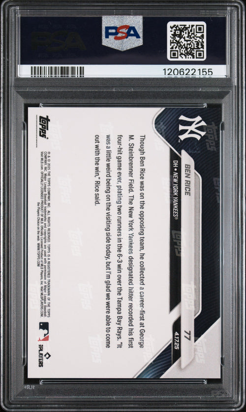 Graded 2025 Topps Now Ben Rice #77 Rookie RC Baseball Card PSA 9 Mint