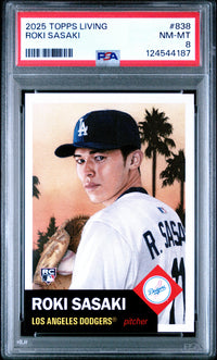 Graded 2025 Topps Living Roki Sasaki #838 Rookie RC Baseball Card PSA 8 Near Mint