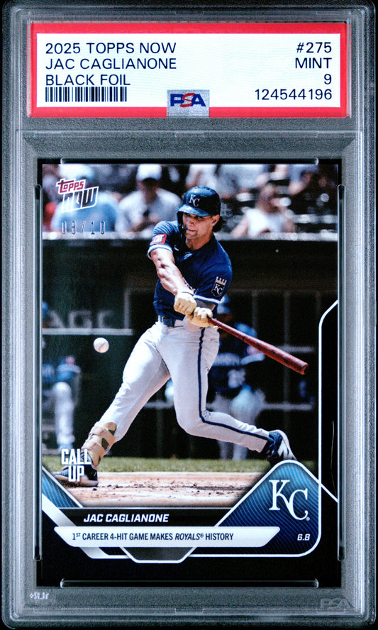 Graded 2025 Topps Now Jac Caglianone #275 Black Foil /10 Rookie RC Baseball Card PSA 9 Mint