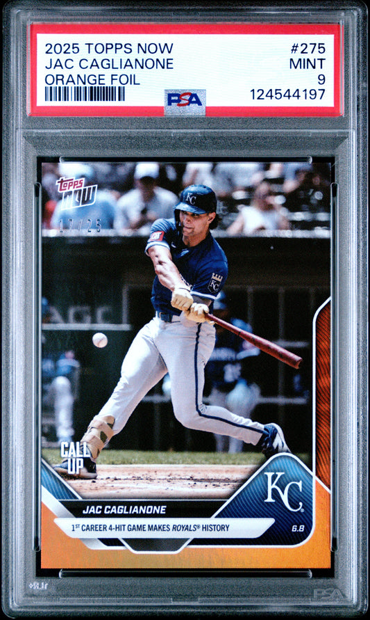 Graded 2025 Topps Now Jac Caglianone #275 Orange Foil /25 Rookie RC Baseball Card PSA 9 Mint
