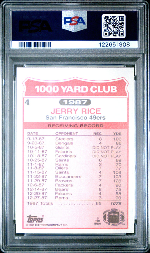 Graded 1988 Topps Jerry Rice #4 1000 Yard Club Football Card PSA 9 Mint