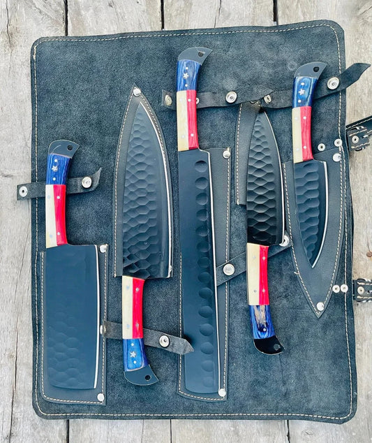 Knife Sets for Kitchen – 13" Forged Stainless Steel Chef Knife with Bone & Pakkawood Handle + Leather Sheath