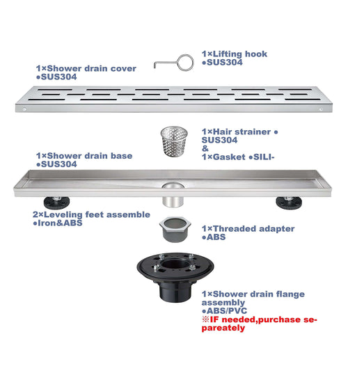 Linear Shower Drain 32" with Removable Grate, Matte Black Polished 304 Stainless Steel Shower Drain, Shower Drain, Floor Shower Drain with Hair Strainer, Adjustable Levelingft